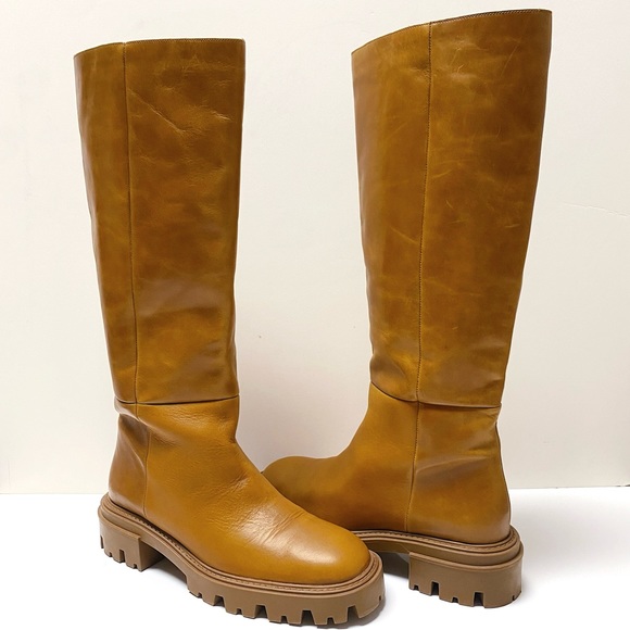 Zara Tan Cognac Brown Platform Knee High Leather Boots 41 10 11 - Picture 1 of 9